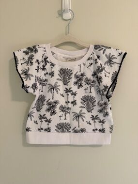 Janie and Jack Girls Palm Tree Toile Pom Pom Trim Short Sleeve Sweatshirt 3T